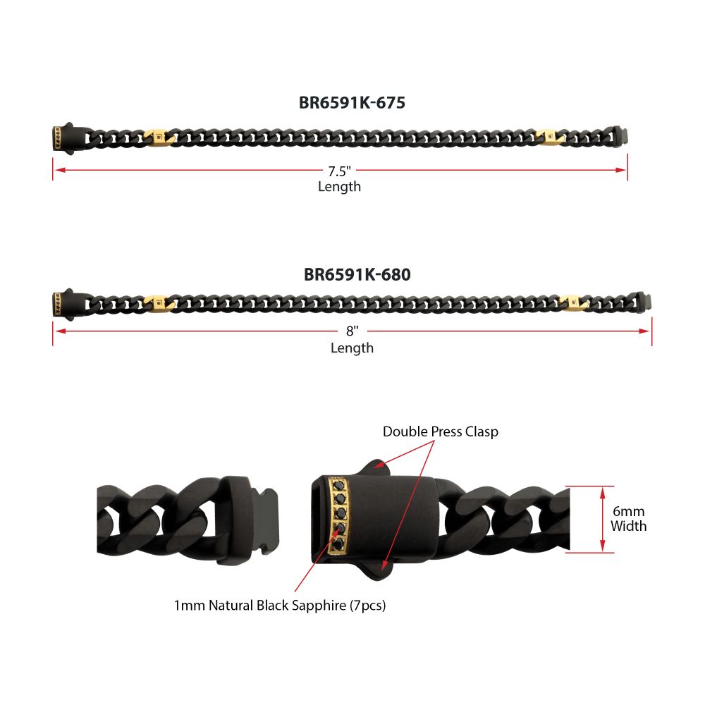 INOX 6mm Black IP Steel Matte Finish Miami Cuban Chain Bracelet with Genuine Black Sapphire Gem