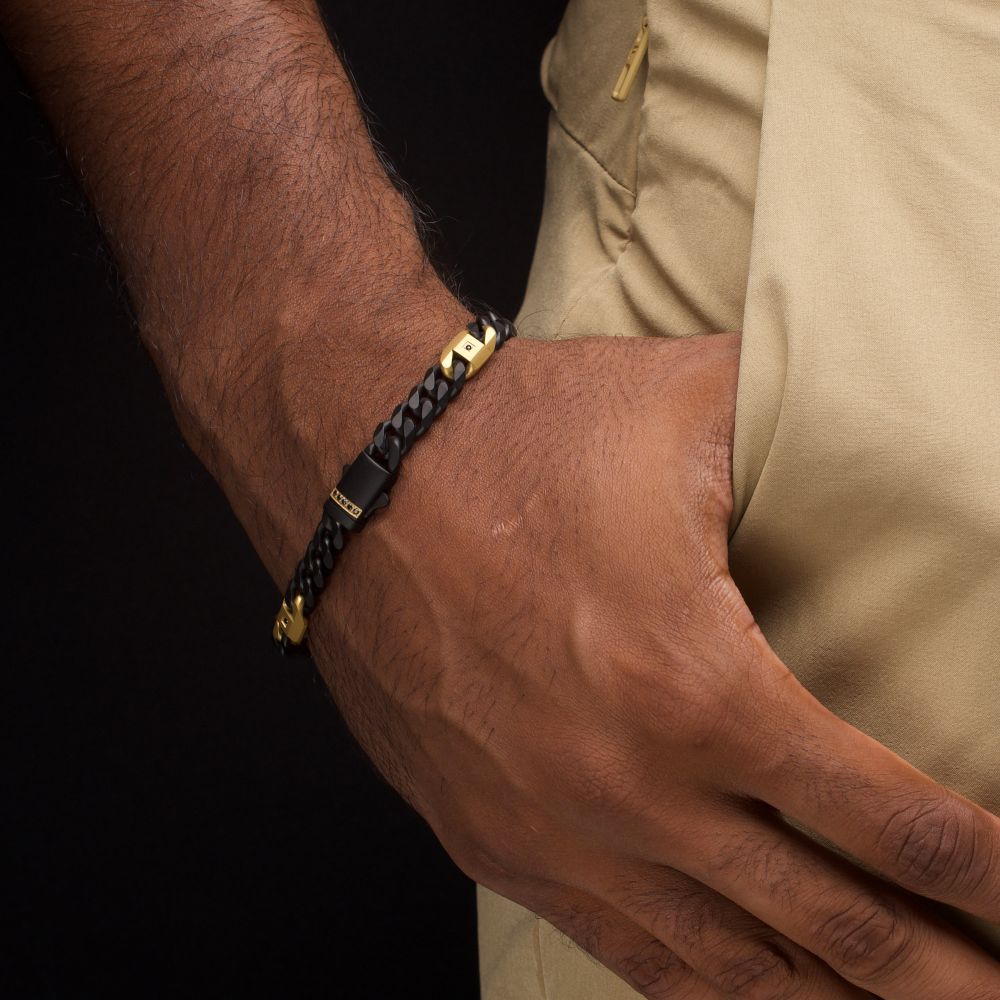 INOX 8mm Black IP Steel Matte Finish Miami Cuban Chain Bracelet with Genuine Black Sapphire Gem and Gold IP-Plated Accents