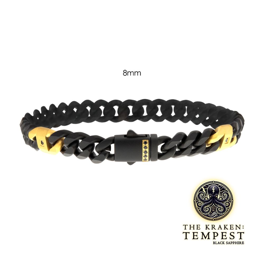 INOX 8mm Black IP Steel Matte Finish Miami Cuban Chain Bracelet with Genuine Black Sapphire Gem and Gold IP-Plated Accents