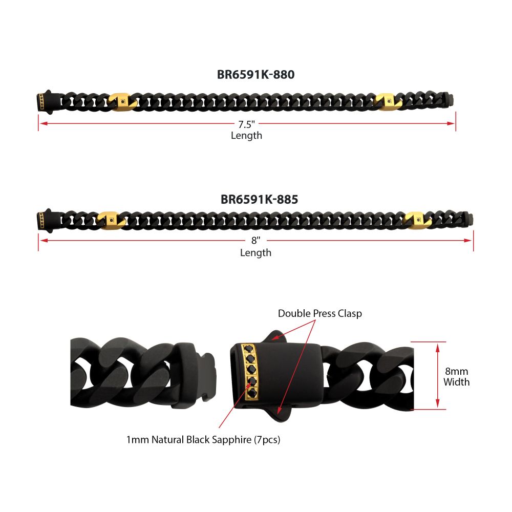 INOX 8mm Black IP Steel Matte Finish Miami Cuban Chain Bracelet with Genuine Black Sapphire Gem and Gold IP-Plated Accents