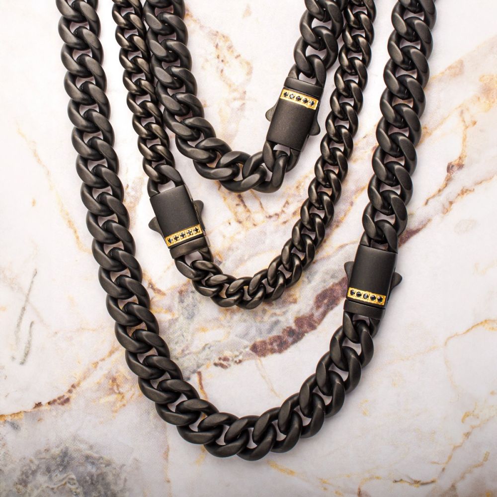 INOX 8mm Black IP Steel Matte Finish Miami Cuban Chain Bracelet with Genuine Black Sapphire Gem