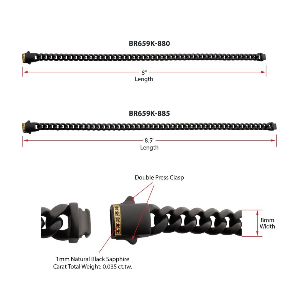 INOX 8mm Black IP Steel Matte Finish Miami Cuban Chain Bracelet with Genuine Black Sapphire Gem