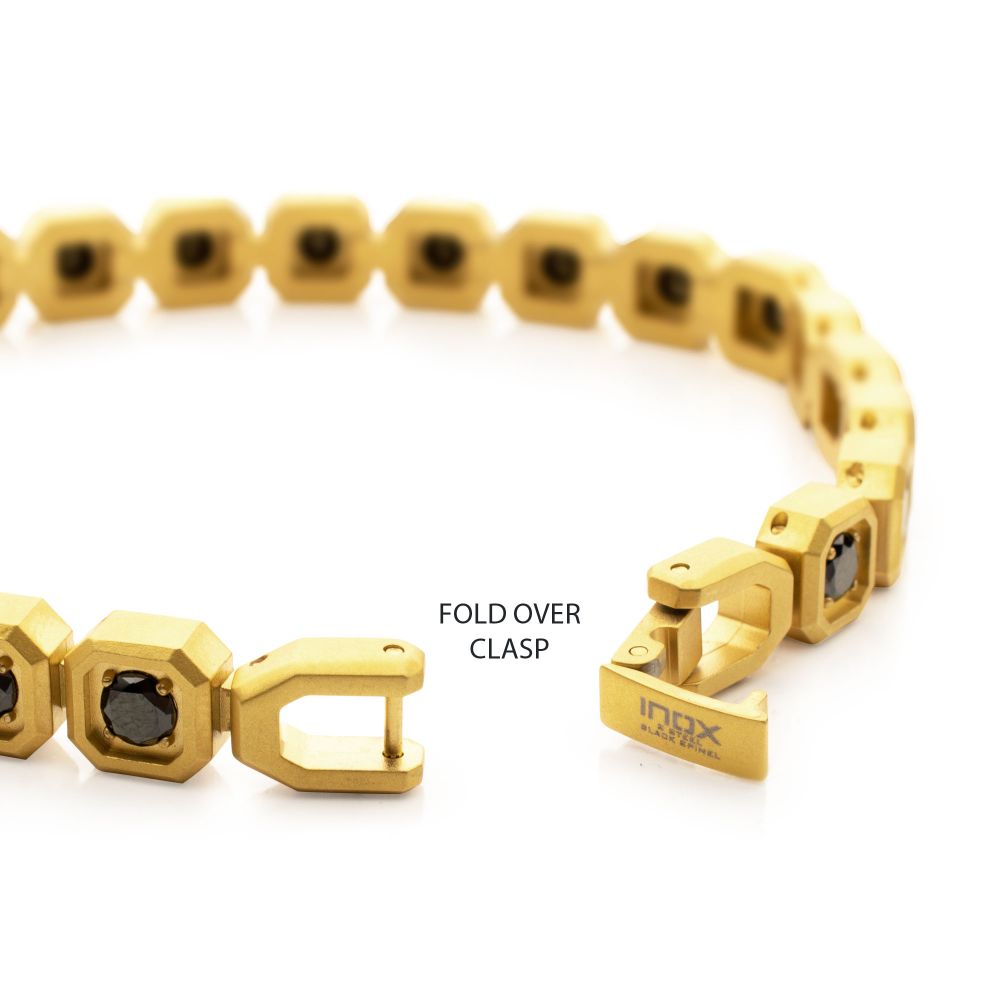 INOX IP-Gold-Plated Stainless Steel Natural Black Spinel 8MM Octagon Link Golf Bracelet