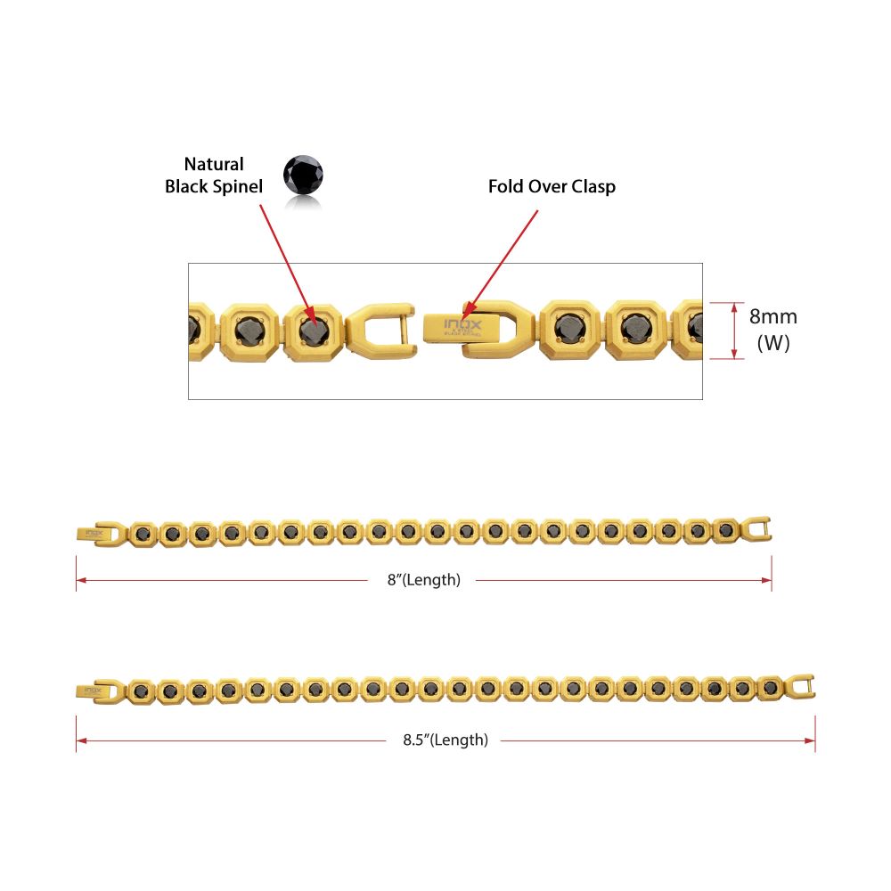 INOX IP-Gold-Plated Stainless Steel Natural Black Spinel 8MM Octagon Link Golf Bracelet