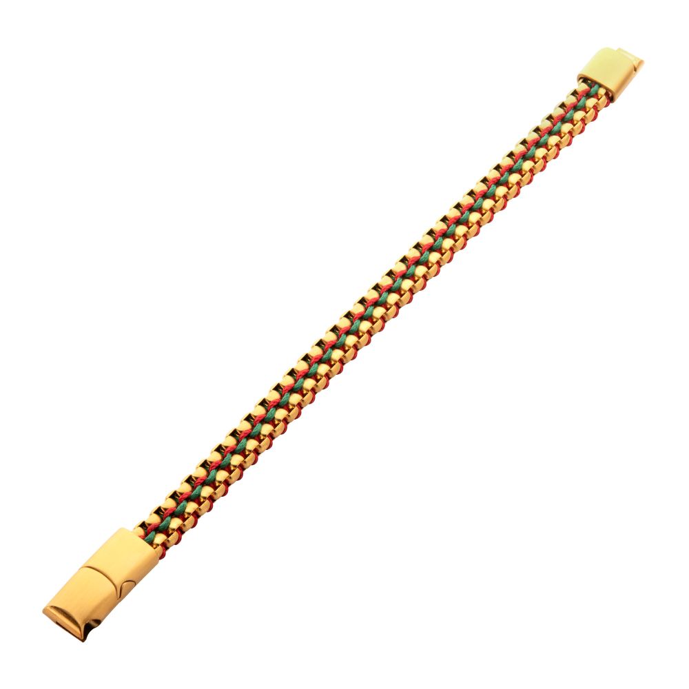 INOX Matte Finish Gold IP Stainless Steel Box Chain with Red and Green Wax Cord Bracelet