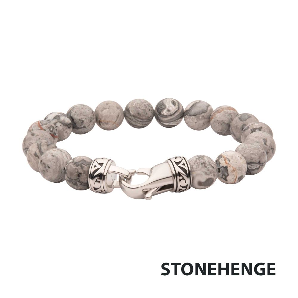 INOX 10mm Gray Jasper Stone Bead 8.5" Bracelet