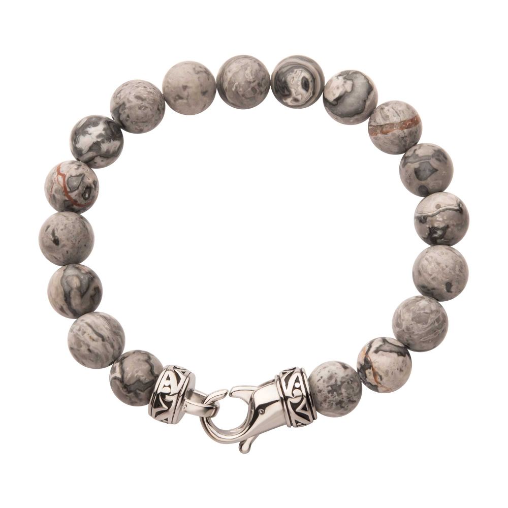 INOX 10mm Gray Jasper Stone Bead 8.5" Bracelet
