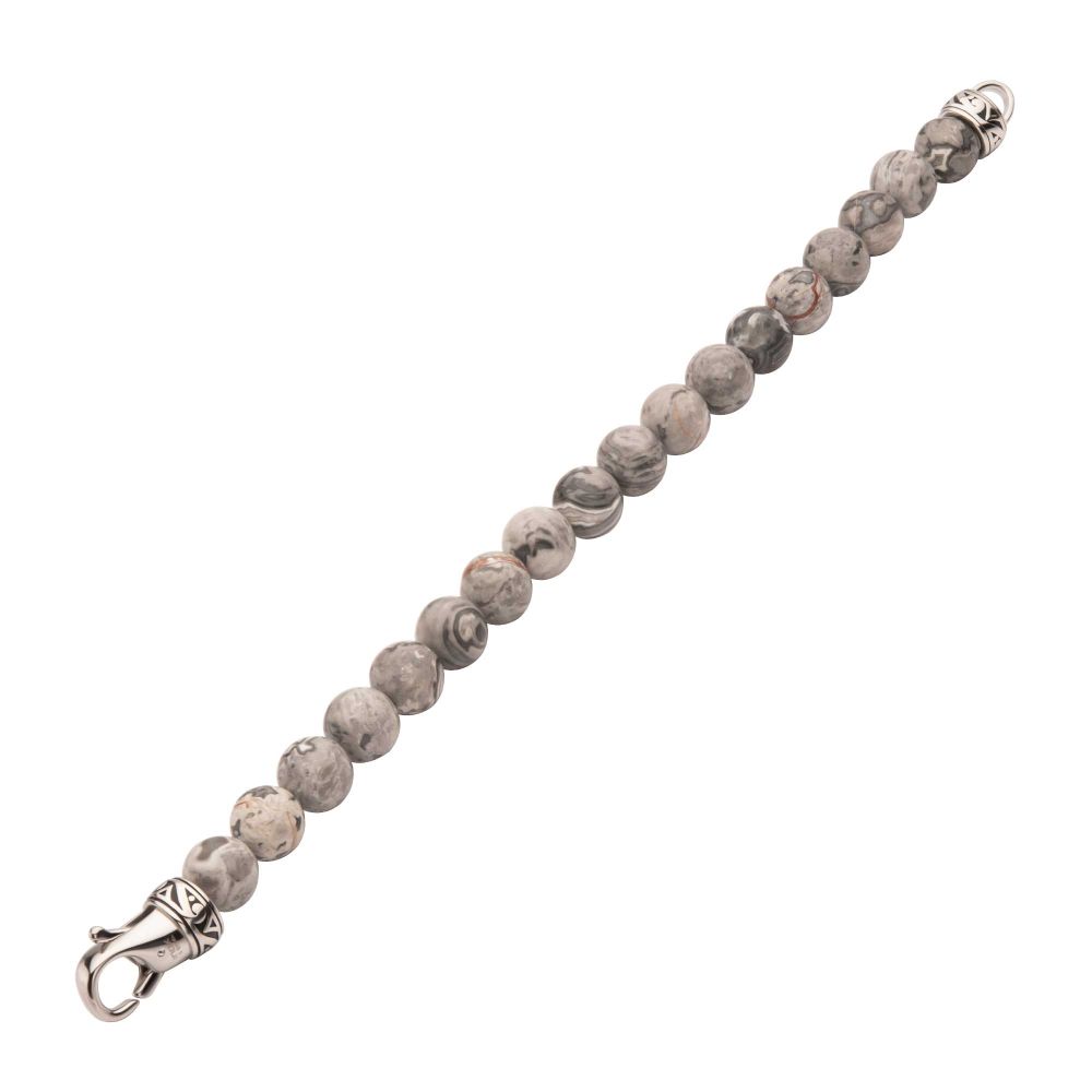 INOX 10mm Gray Jasper Stone Bead 8.5" Bracelet