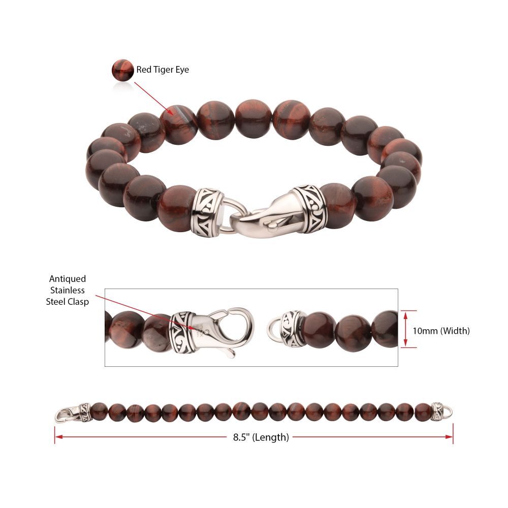 INOX 10mm Red Tiger Eye Stone Bead 8.5" Bracelet