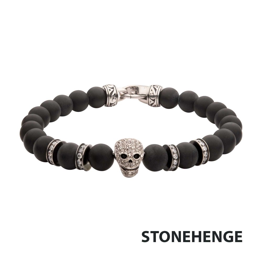 INOX 8mm Black Onyx Stone Bead 8.5" Bracelet with Pavé CZ Skelaton Head