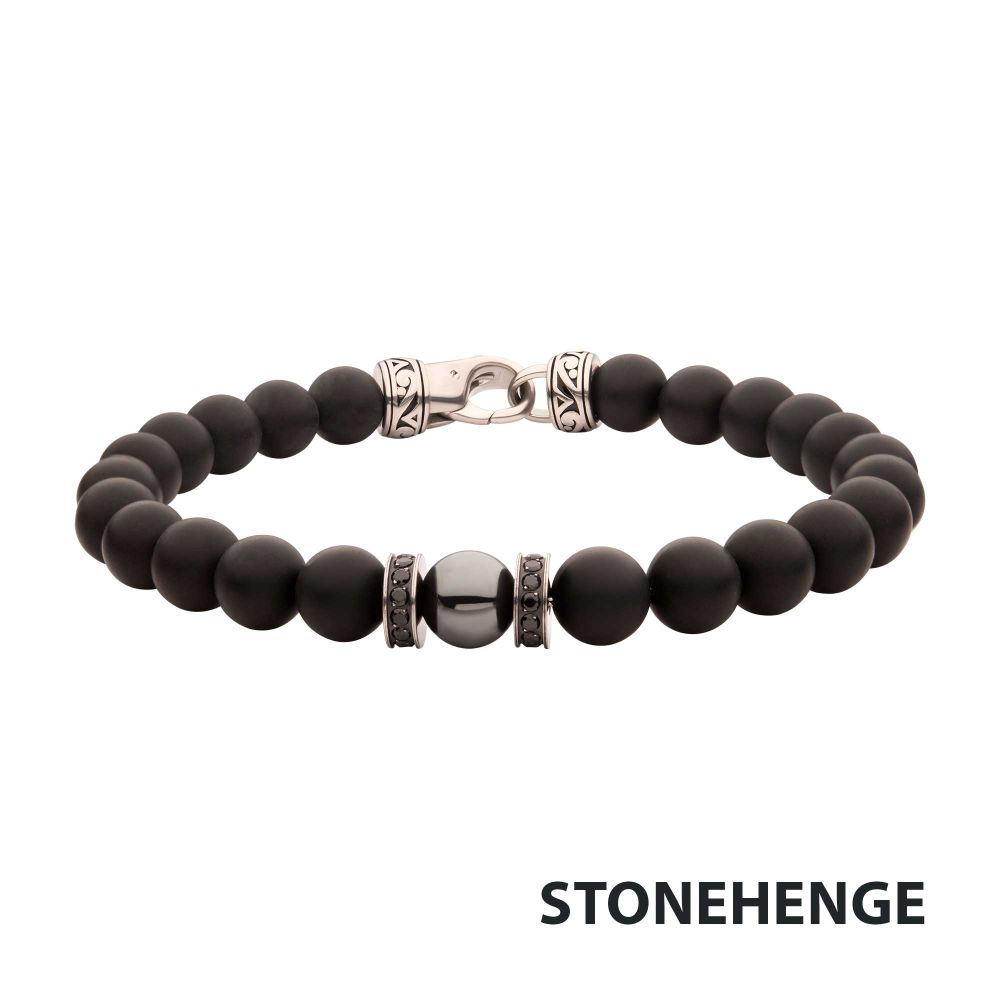 INOX 8mm Hematite and Black Onyx Stone Bead Black CZ Accented 8.5" Bracelet