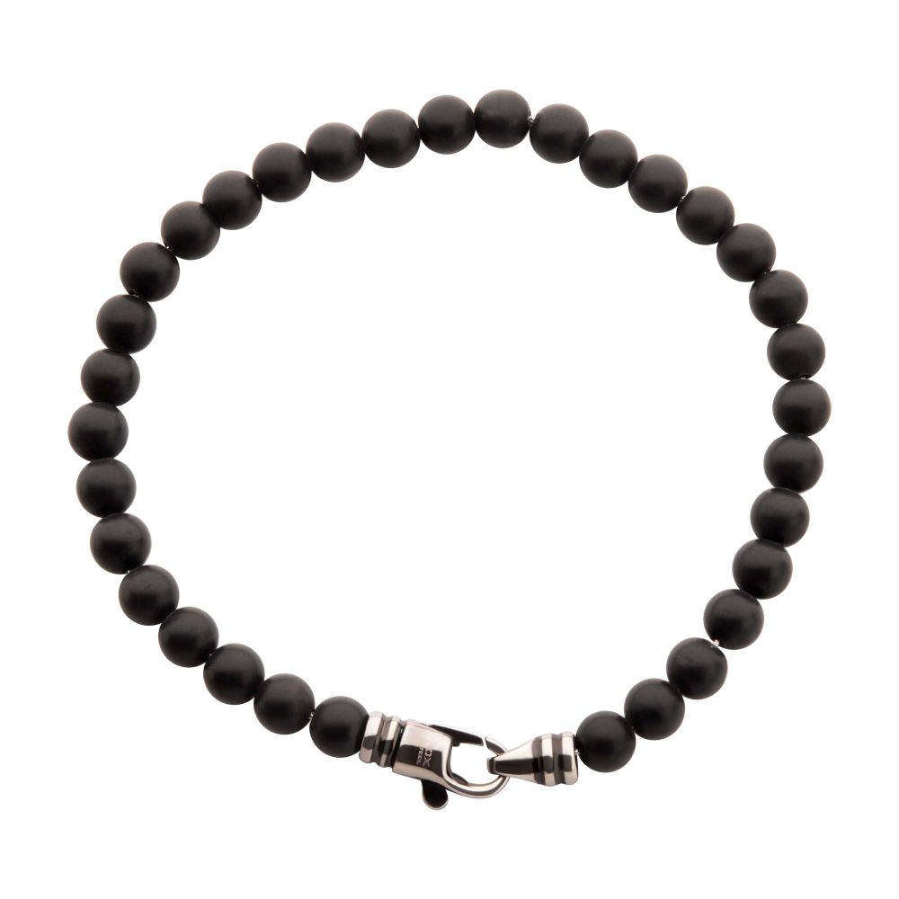 INOX 6mm Black Onyx Stone Bead 8.5" Bracelet