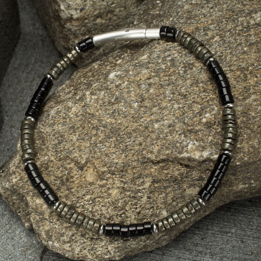 INOX Shadow Wolf Onyx & Pyrite Heishi Beaded Bracelet