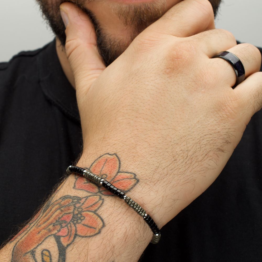 INOX Shadow Wolf Onyx & Pyrite Heishi Beaded Bracelet