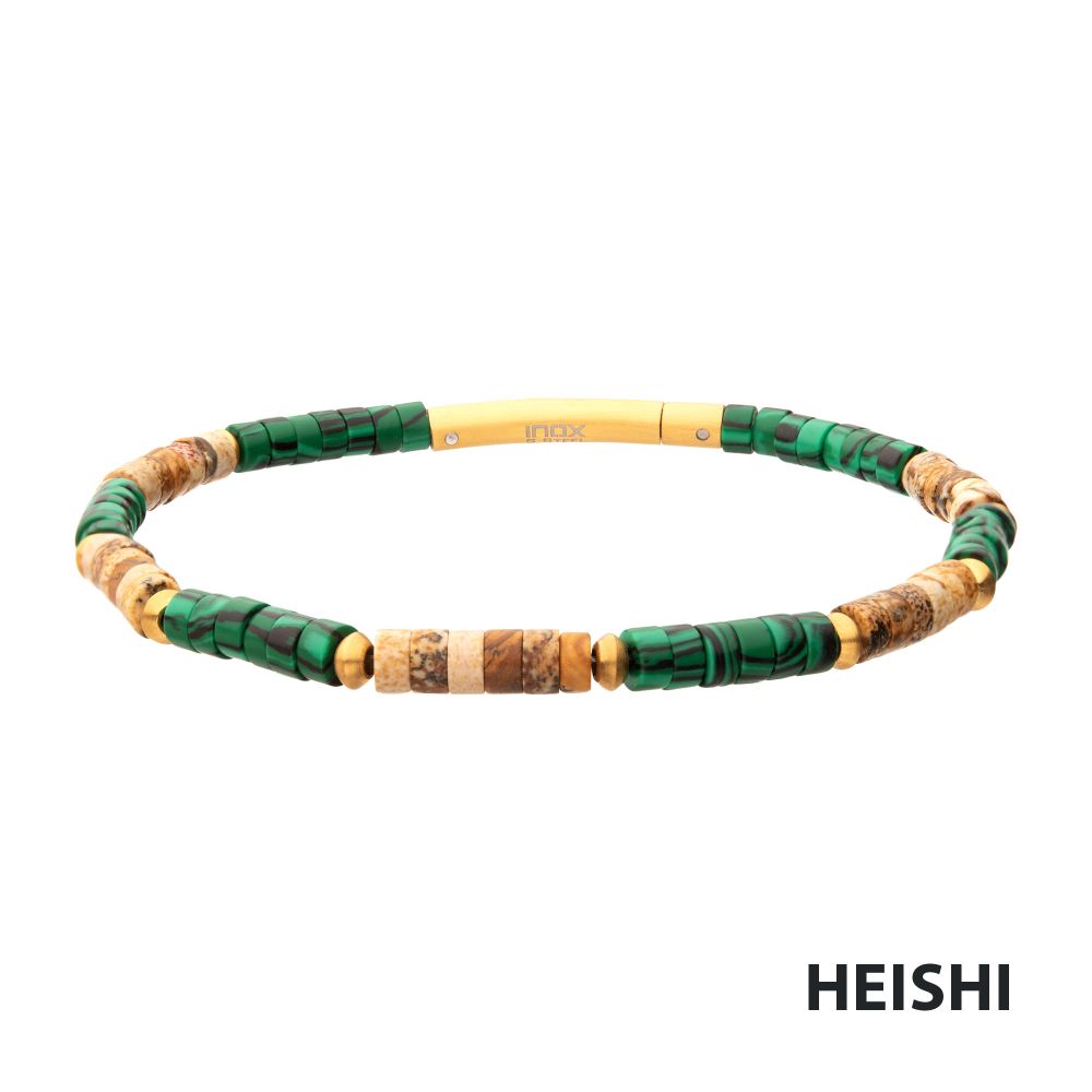 Front View INOX TerraFirm (Brown Jasper / Malachite) Heishi Bead Bracelet