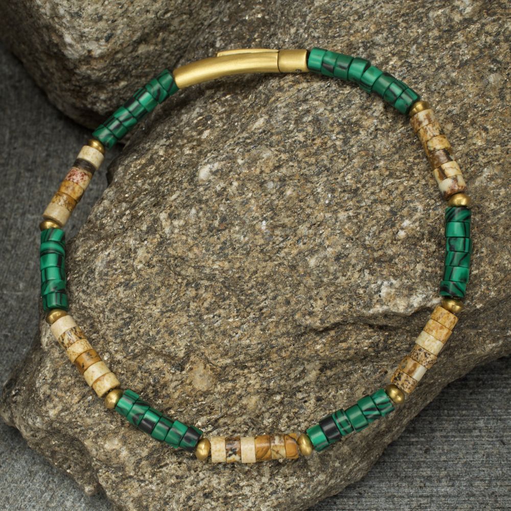 Alternate Side View INOX TerraFirm (Brown Jasper / Malachite) Heishi Bead Bracelet