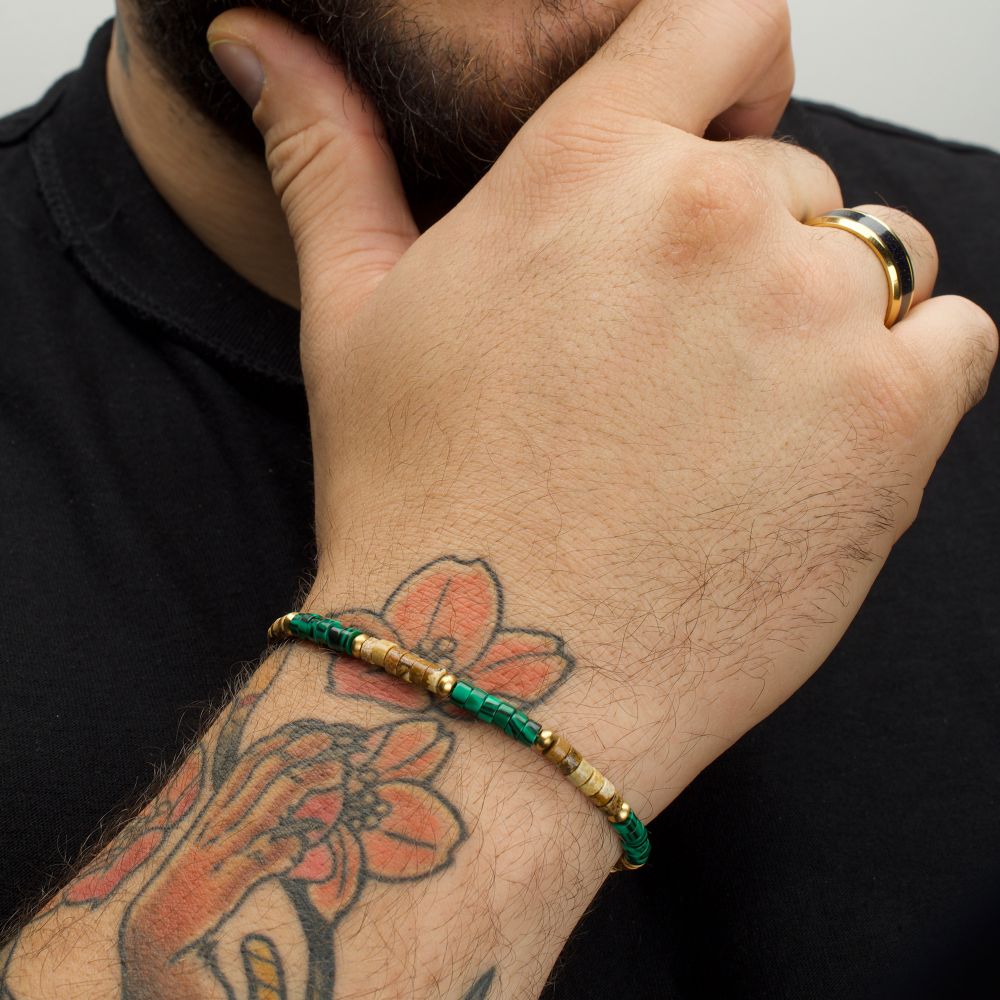 Arm View INOX TerraFirm (Brown Jasper / Malachite) Heishi Bead Bracelet