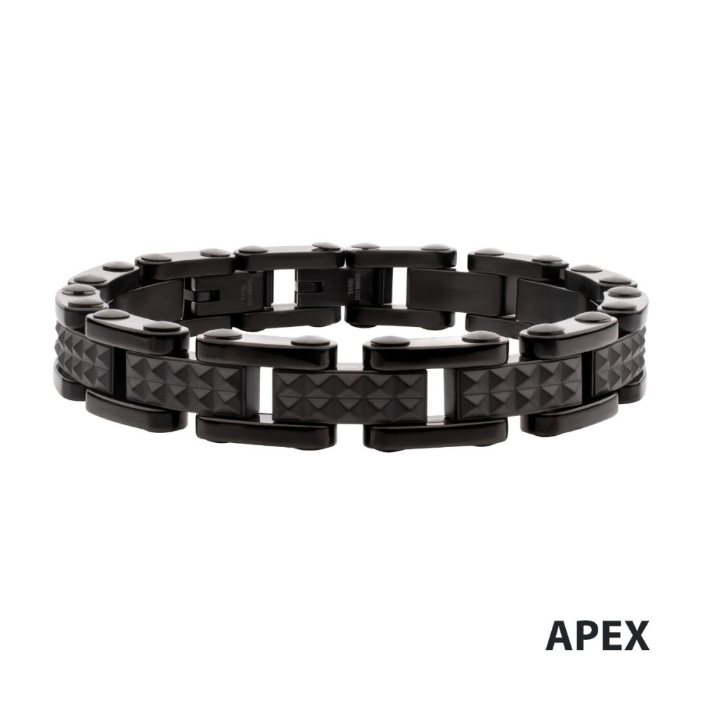 INOX Black IP Steel with Matte Finish Pyramid Stud Pattern & High Polished Finish Link Bracelet