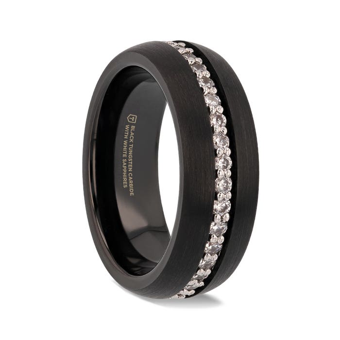 Thorsten "TSAR" Black Tungsten Carbide Ring Domed Brushed Finish with White Sapphires
