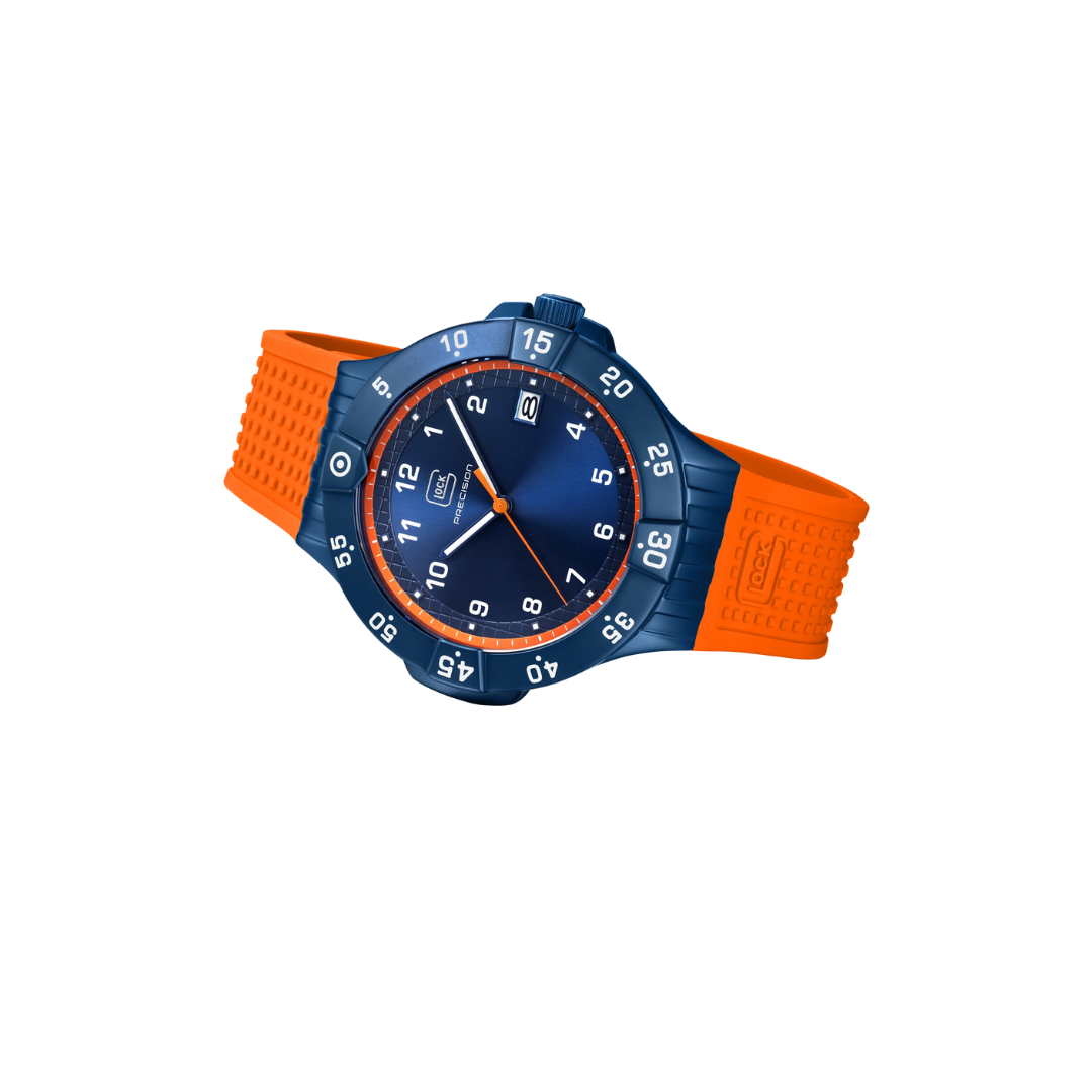 Tilted View of Limited Edition Blue Stainless Steel Interchangeable Orange & Blue Rubber Strap Glock Watch