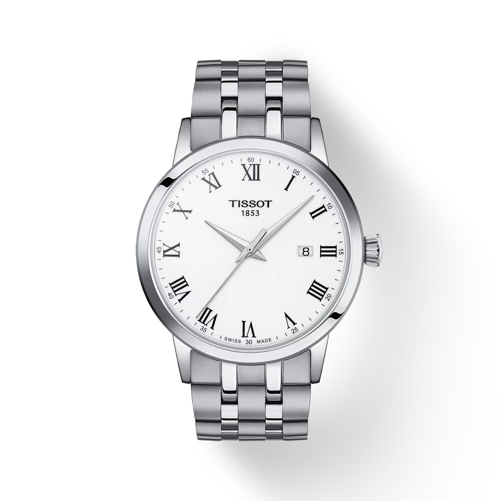 Silver Tissot watch with white dial on a light gray background