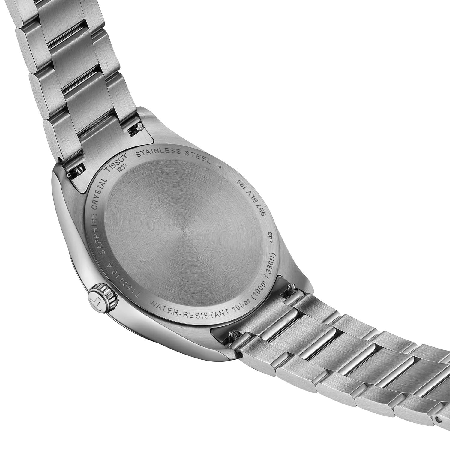 Close-up of a silver watch with a metal band on a white background