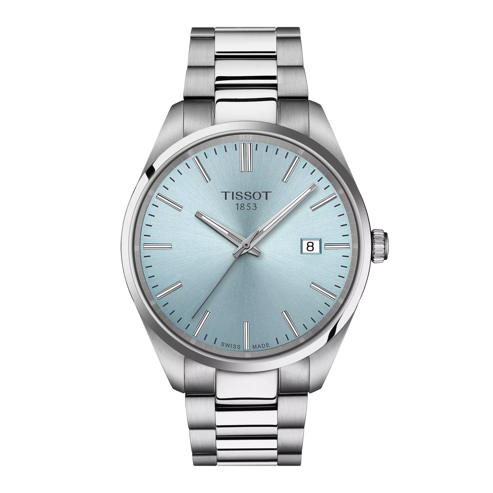 Silver Tissot watch with light blue face on a white background