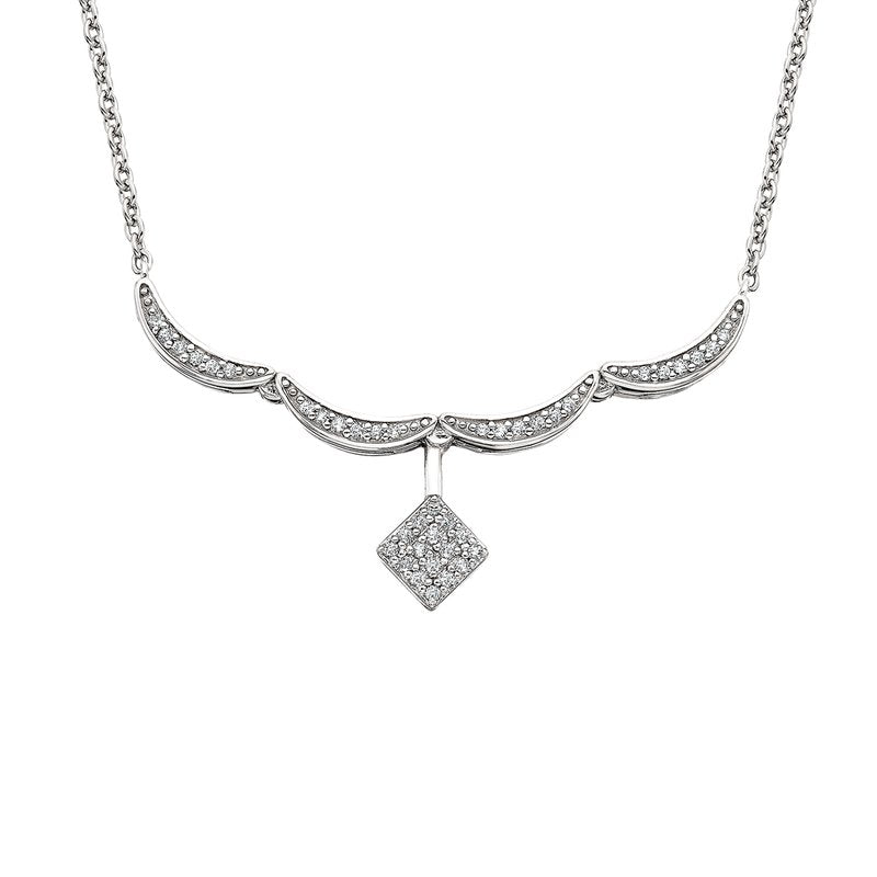 Silver necklace with a diamond pendant on a white background