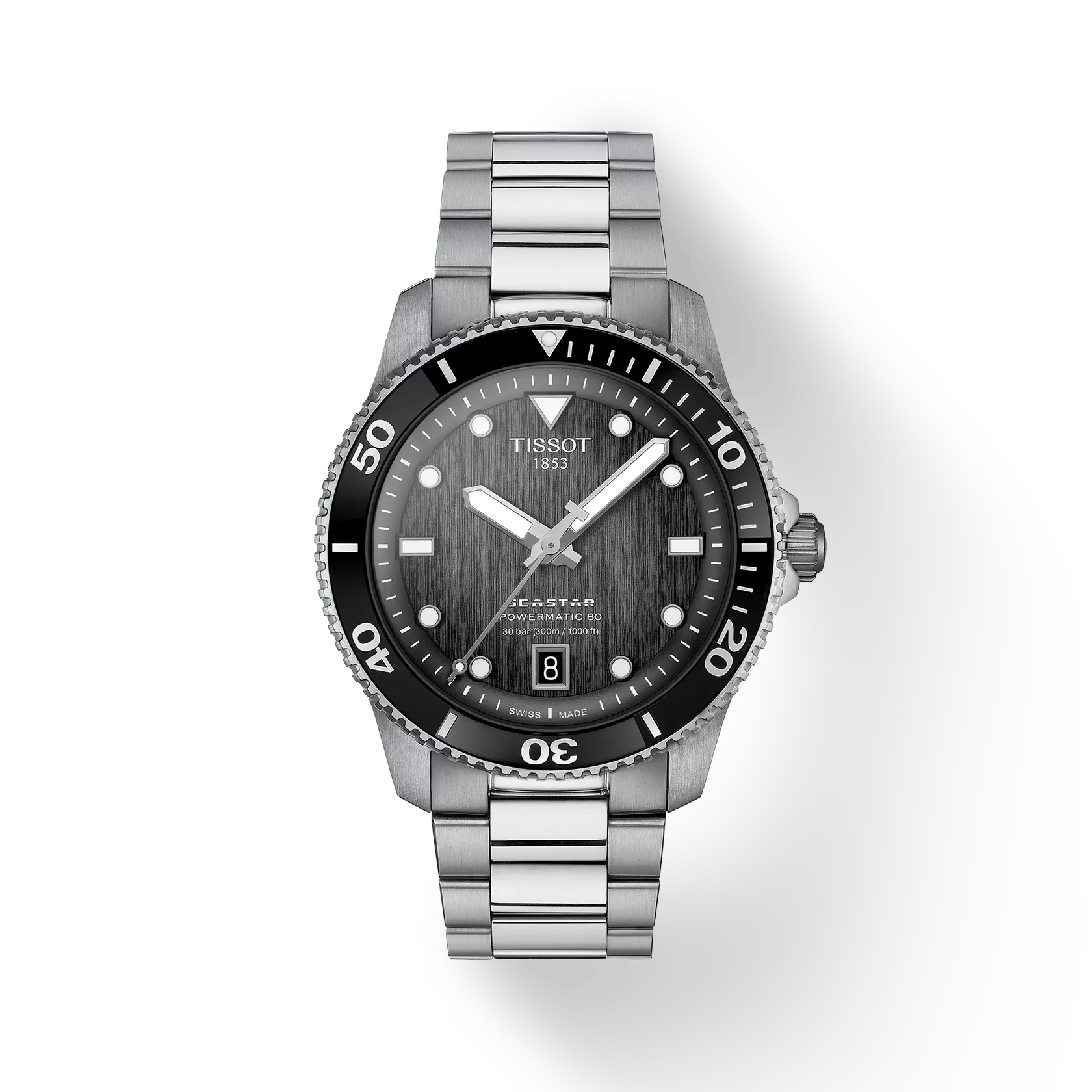 Tissot watch with black dial and silver bracelet on a white background