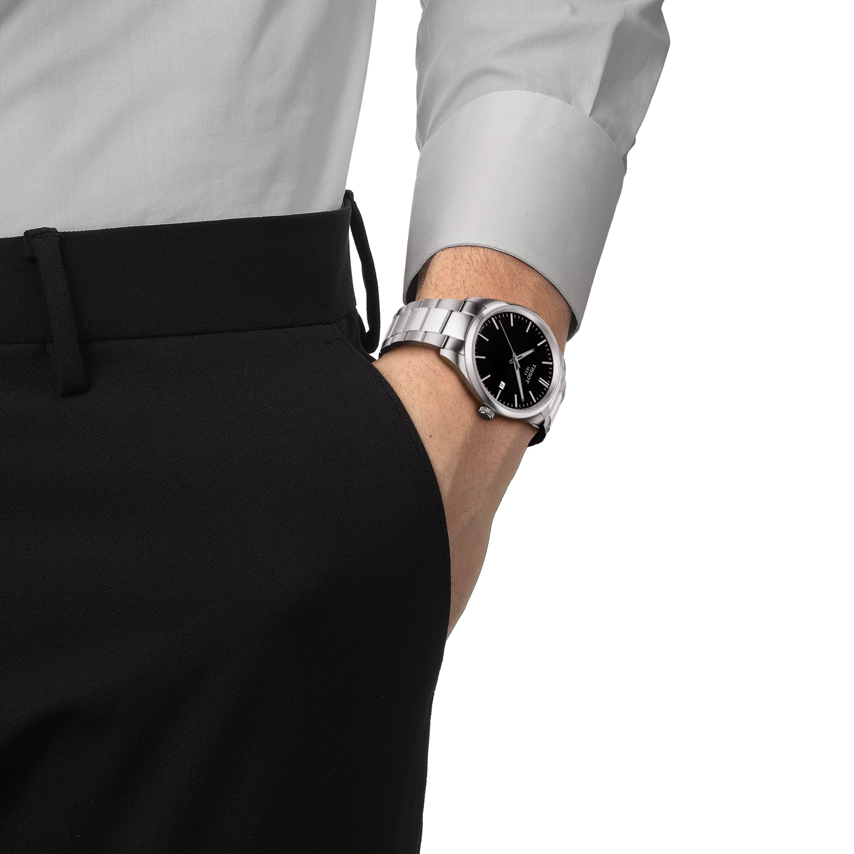 Person wearing a silver watch on a white background