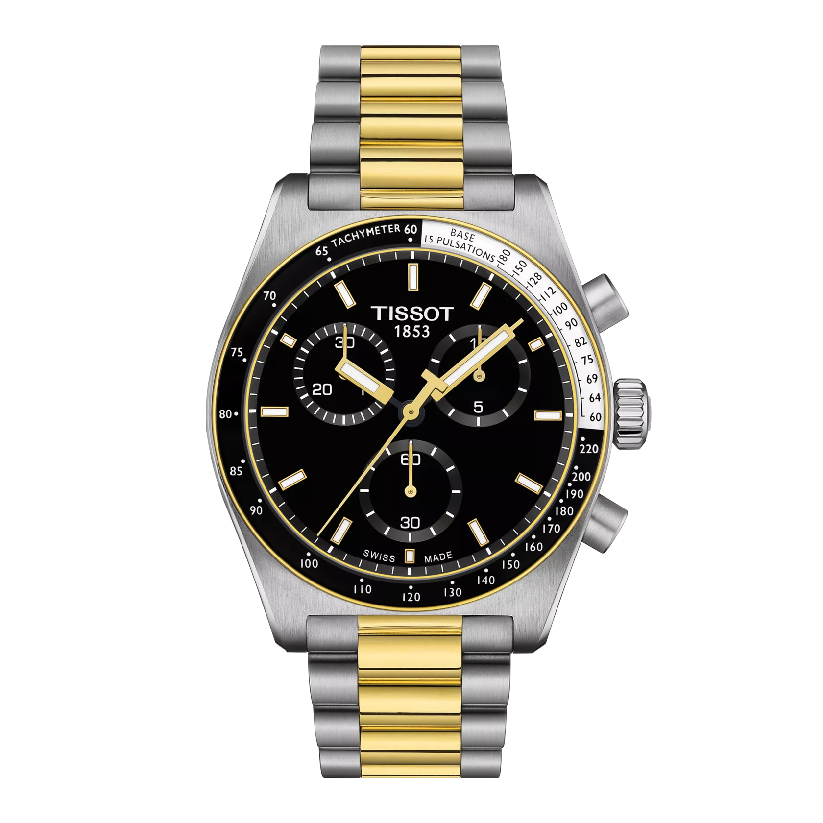 Tissot watch with two-tone metal strap on a white background