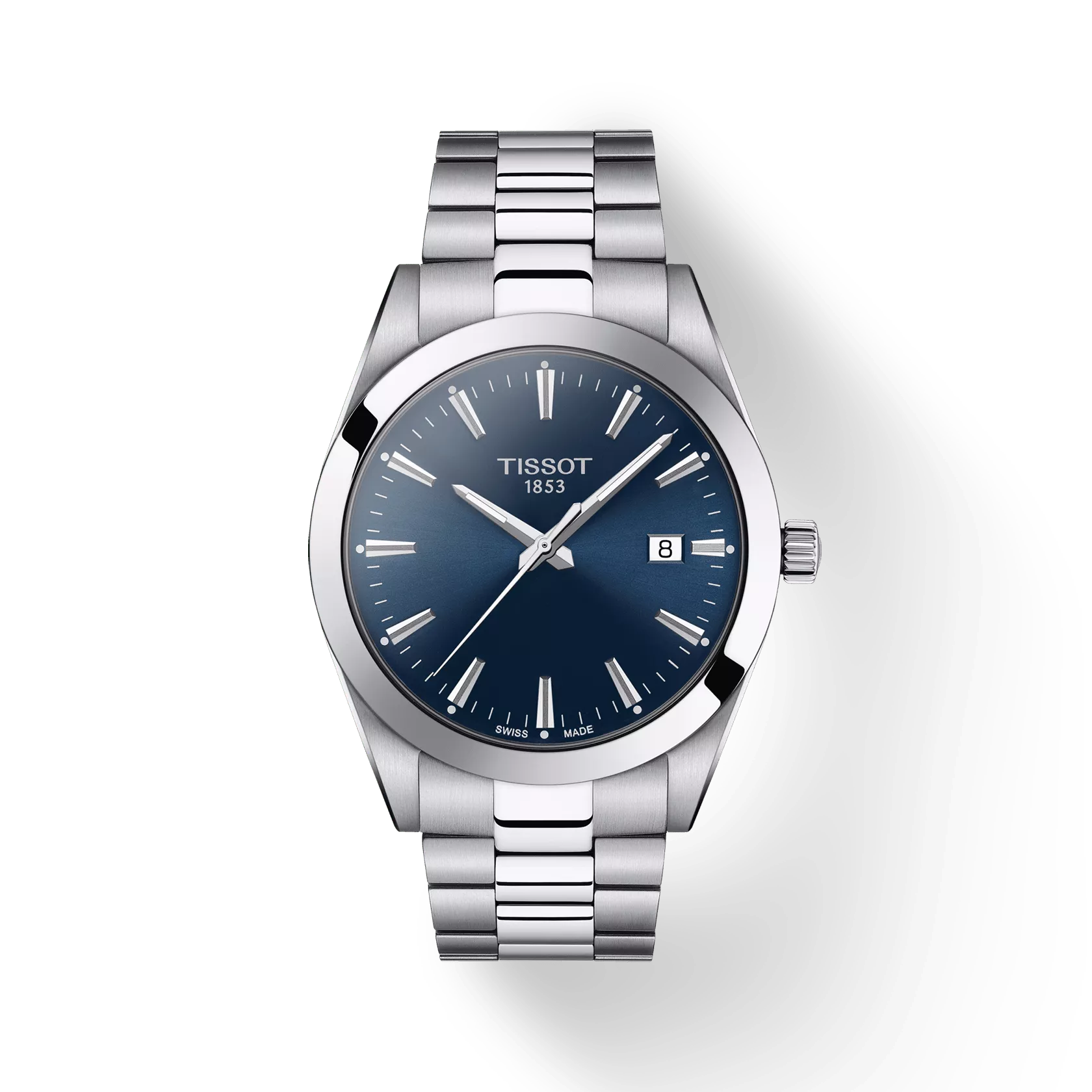Silver Tissot watch with a blue dial on a black background
