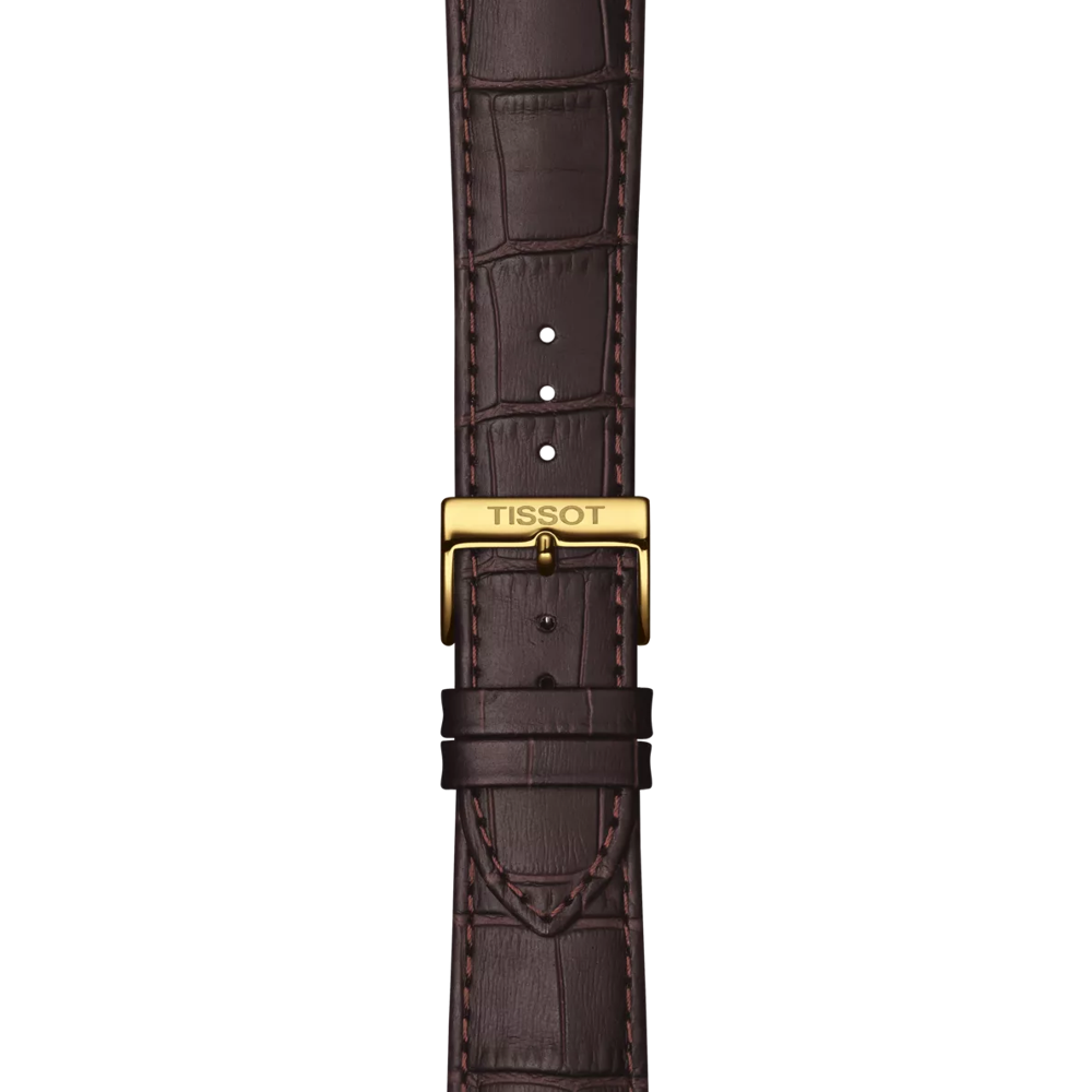 Brown crocodile-patterned watch strap with gold buckle on a white background