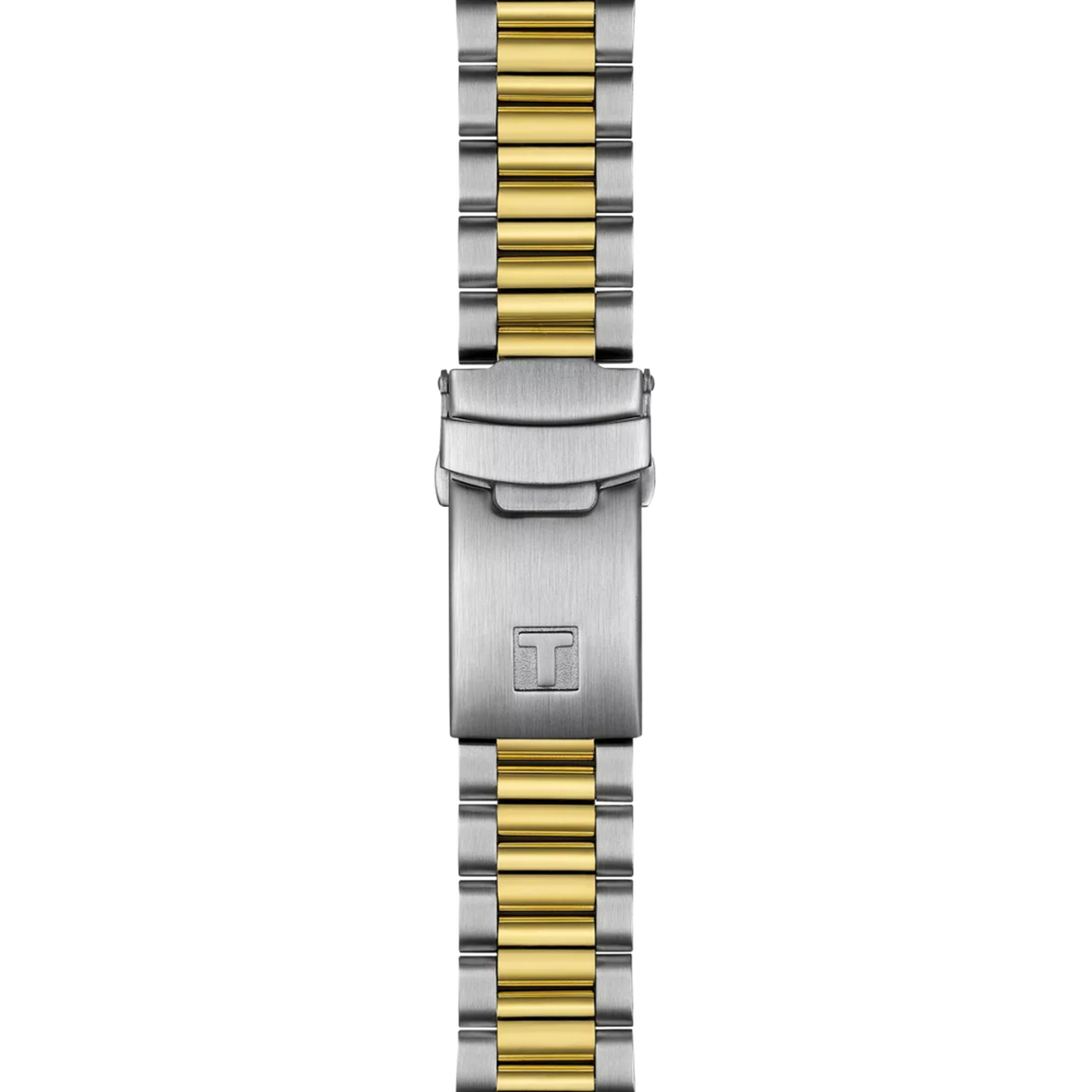 Two-tone silver and gold watch strap on a white background