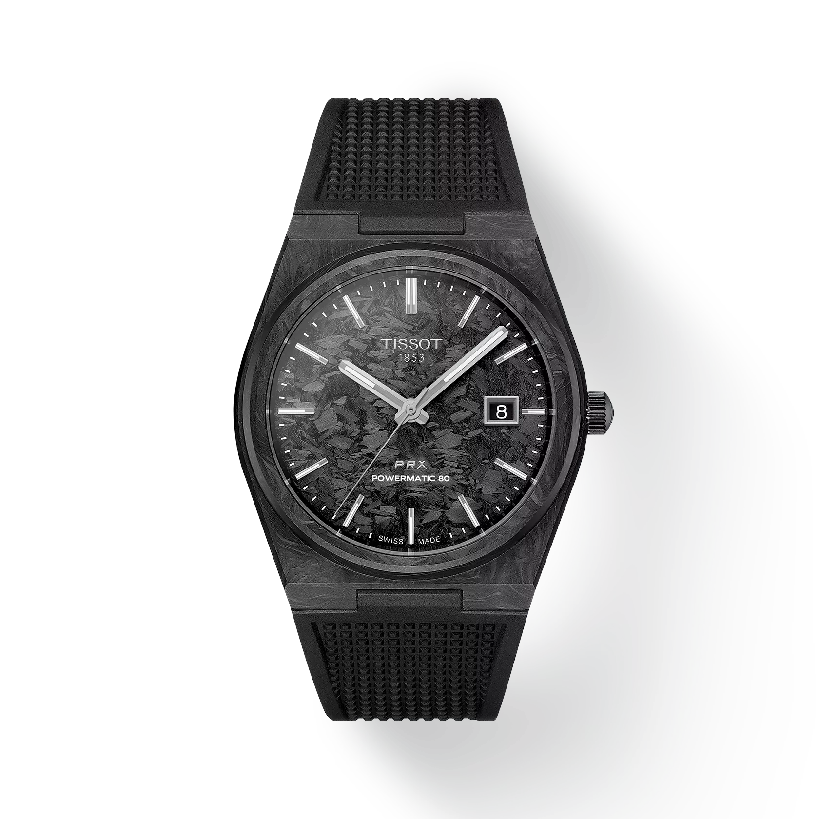 Black Tissot watch with detailed face on a white background