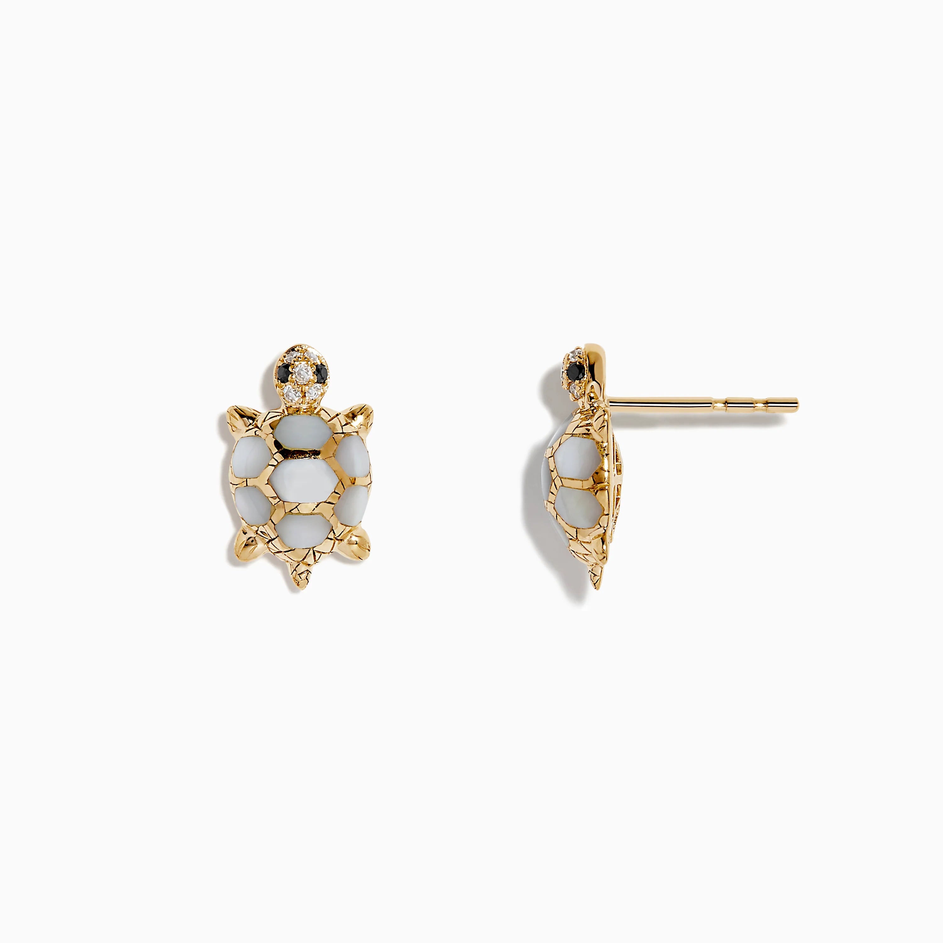 Left front view and right turned sideways view of a pair of 14K Yellow Gold turtle stud earrings with mother of pearl in the shell and diamonds in the head, on a white background.