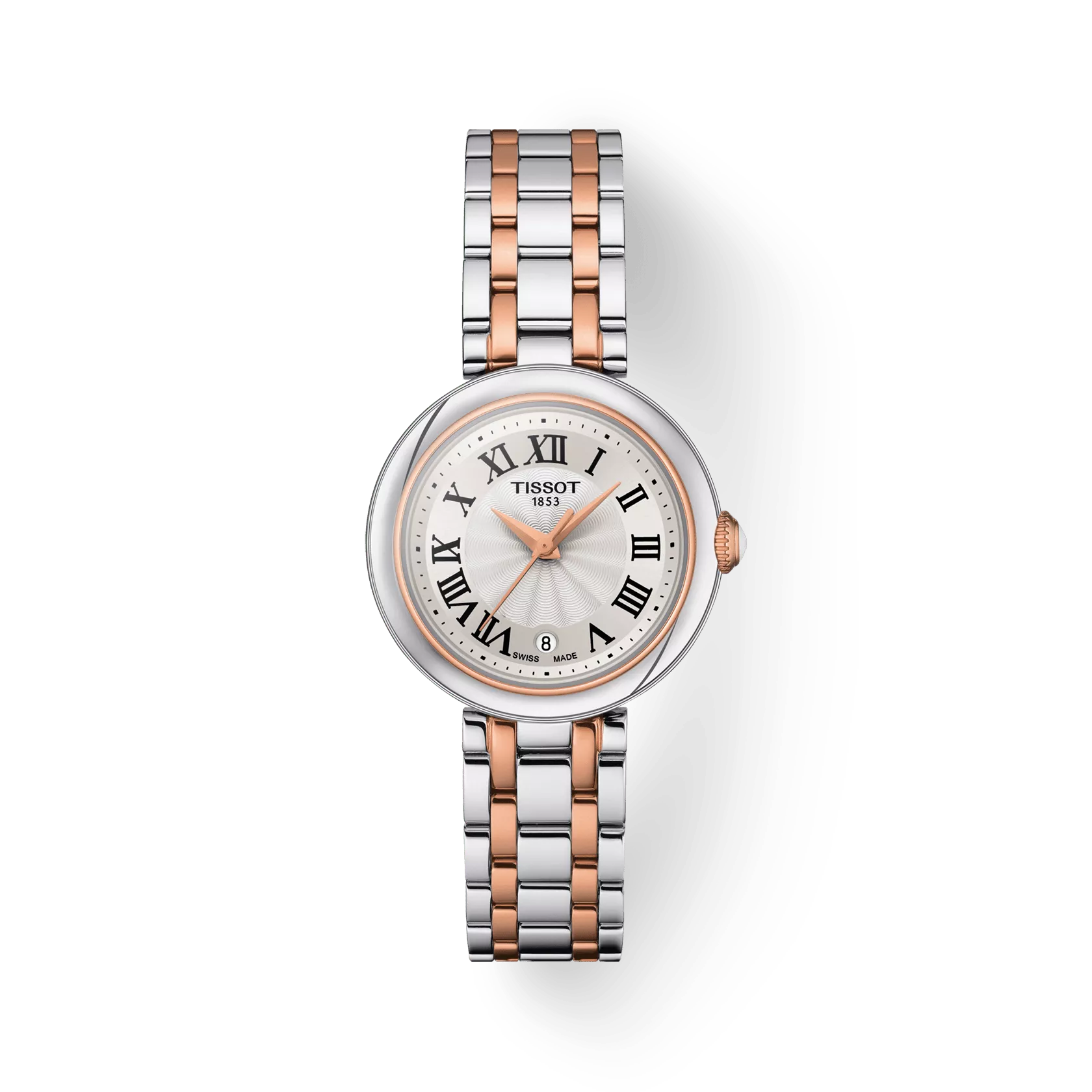 Tissot watch with two-tone metal bracelet on a white background