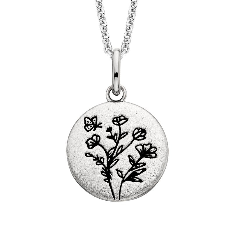 Sterling Silver Flower & Quote Pendant Necklace on White Background