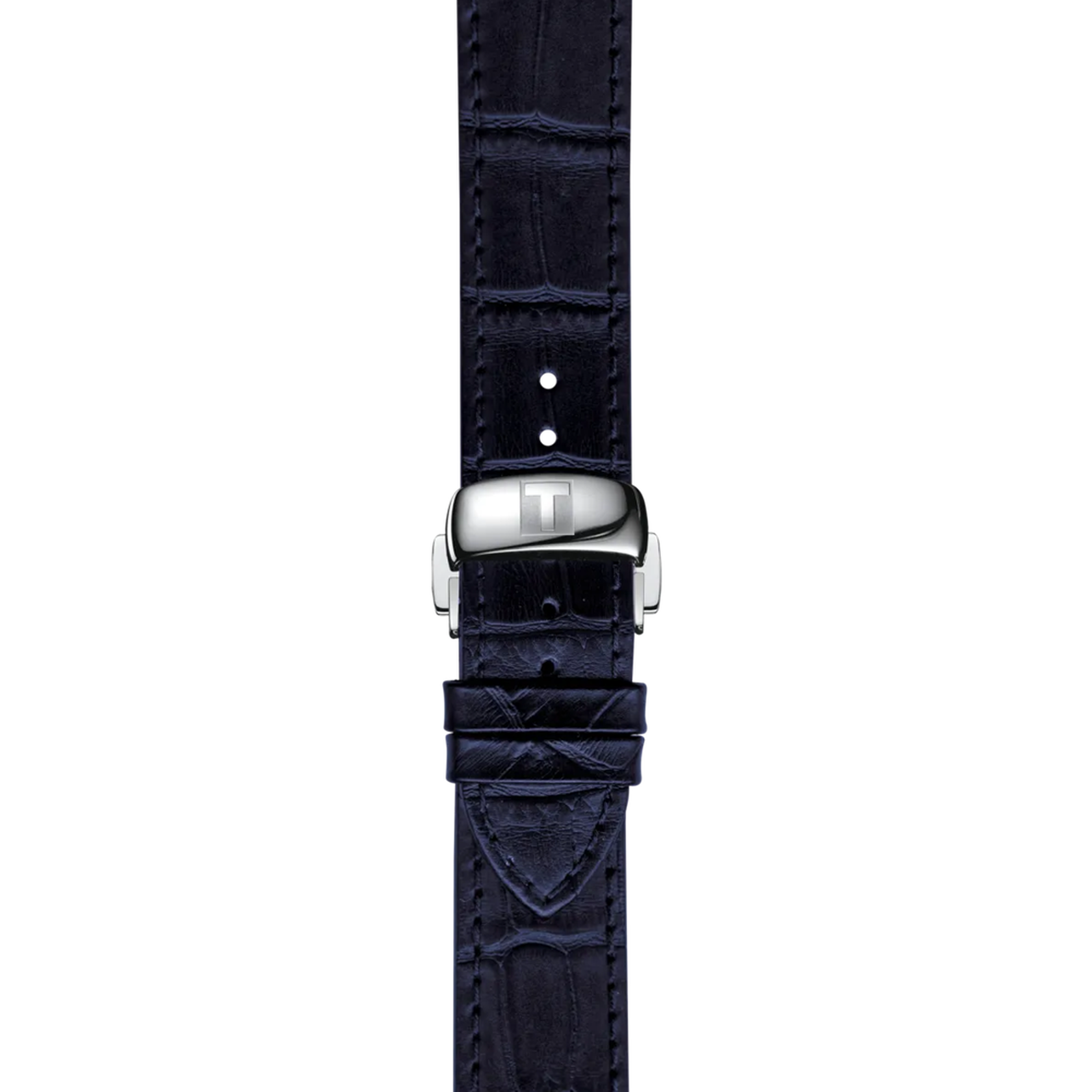 Dark blue textured watch strap with silver buckle on a white background