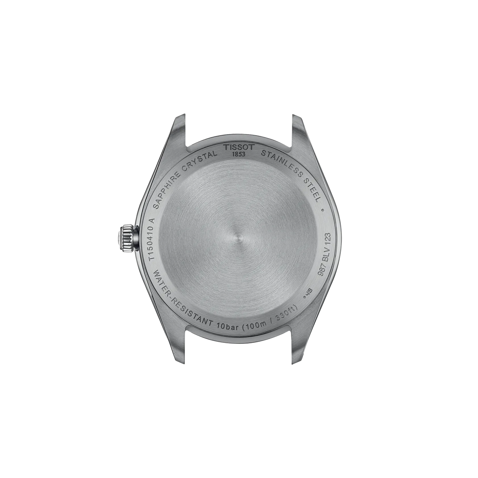 Metallic watch case with engraved text on a white background