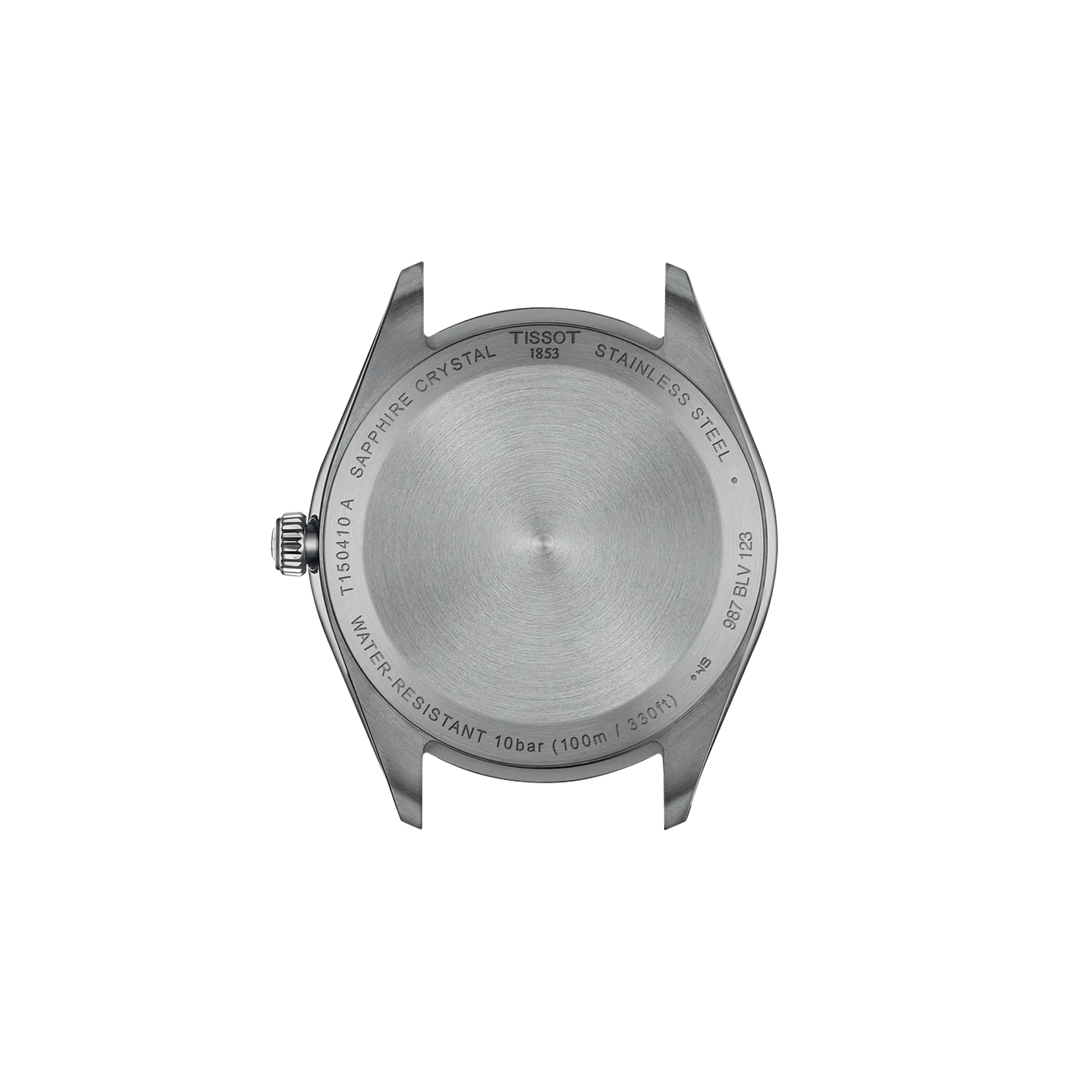 Back view of a silver watch case on a white background