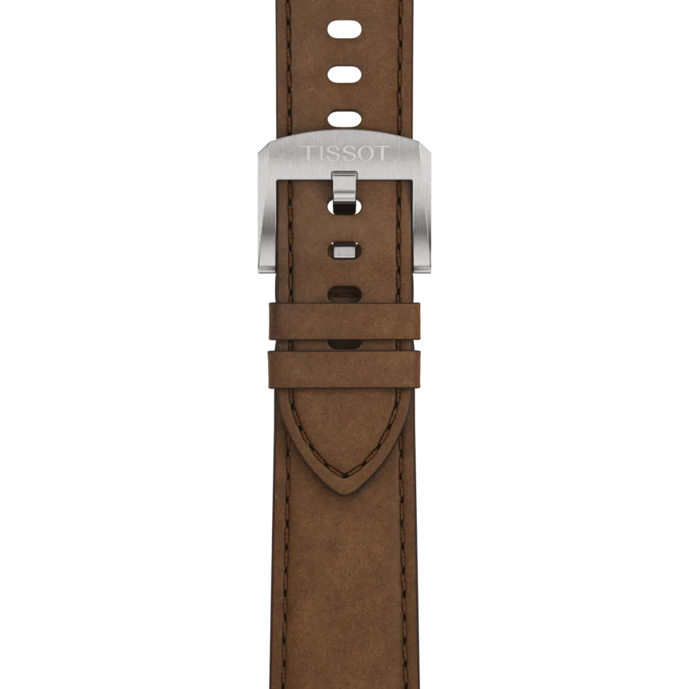 Brown watch strap with silver Tissot logo on a white background