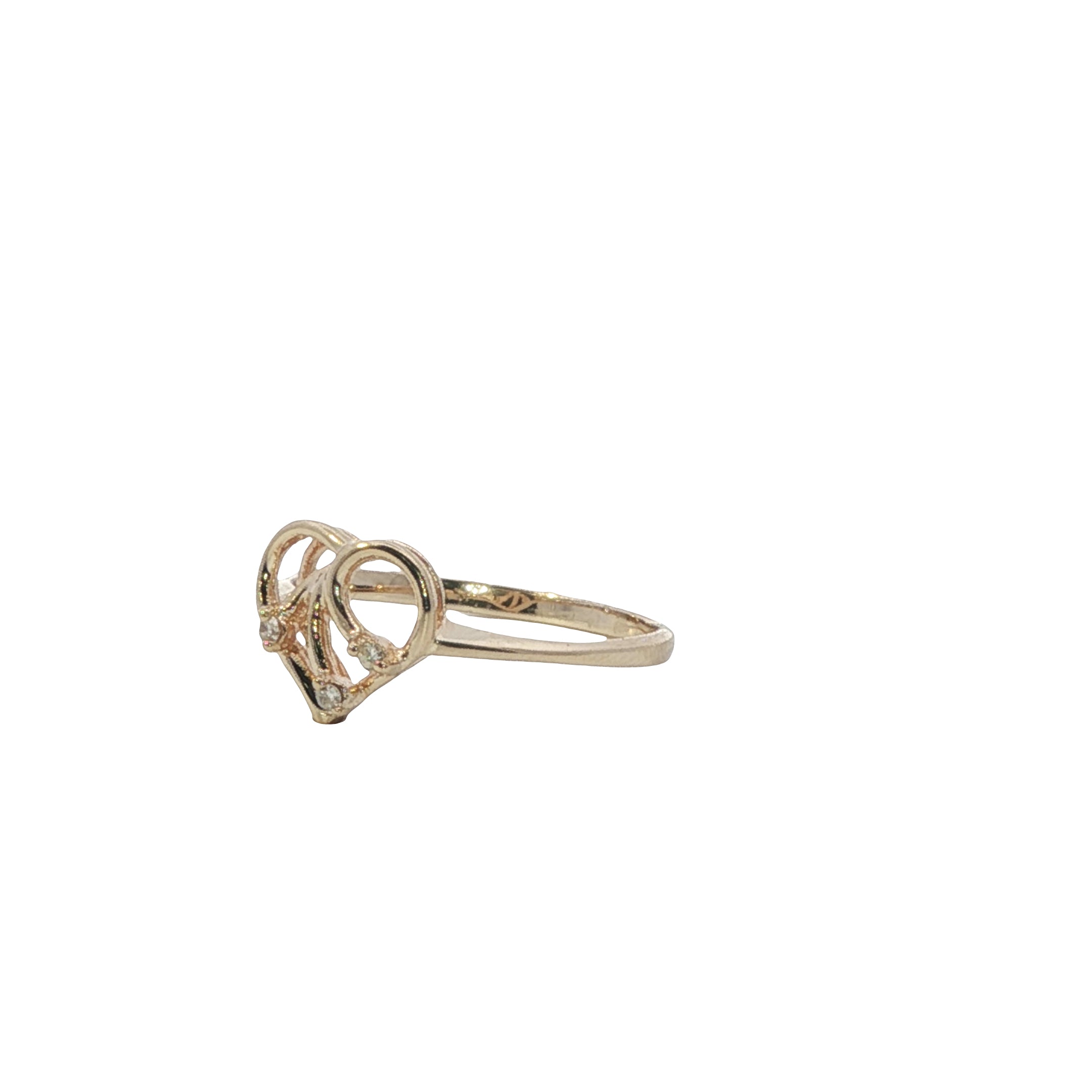 Gold ring with a heart design on a white background