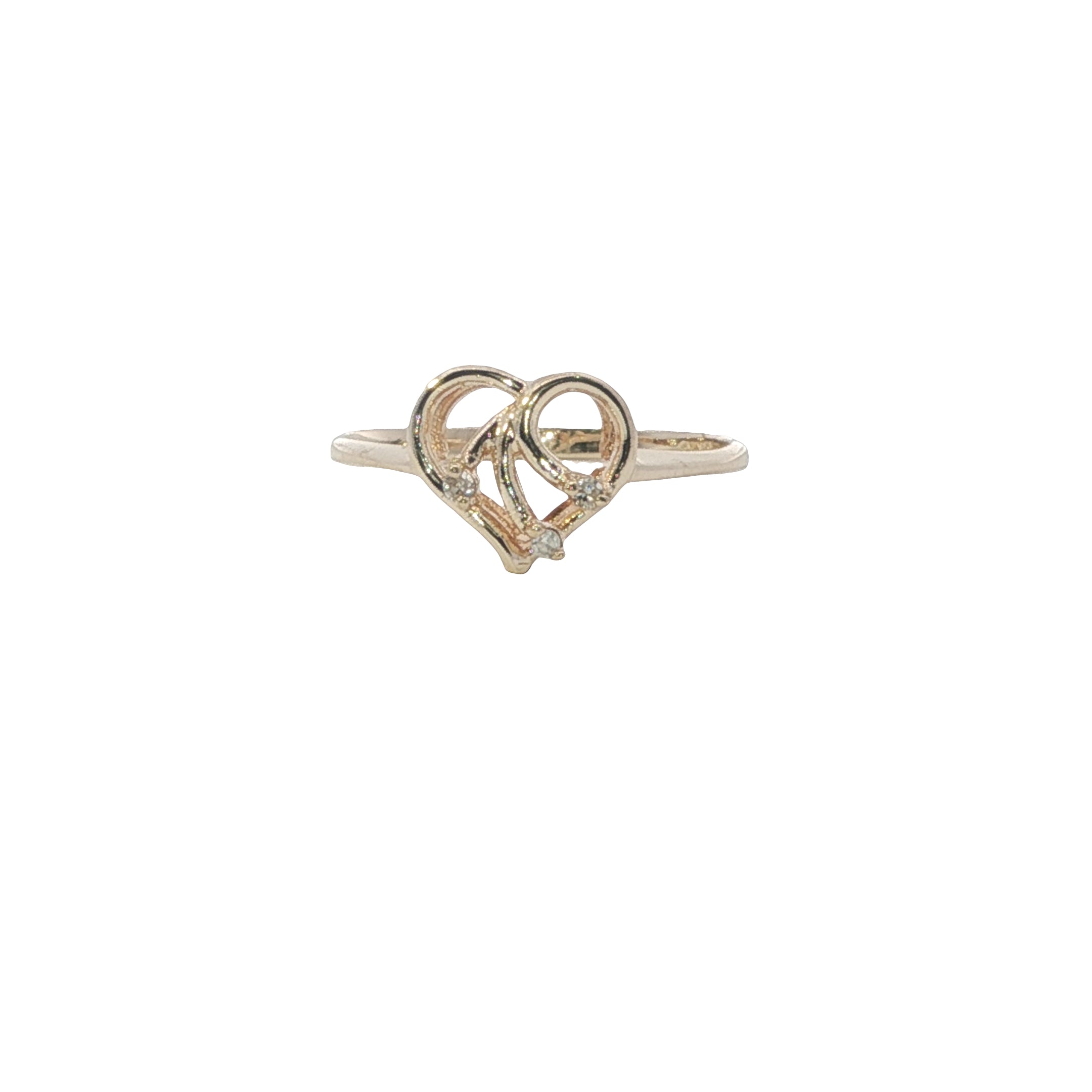 Gold ring with interlocking heart designs on a white background