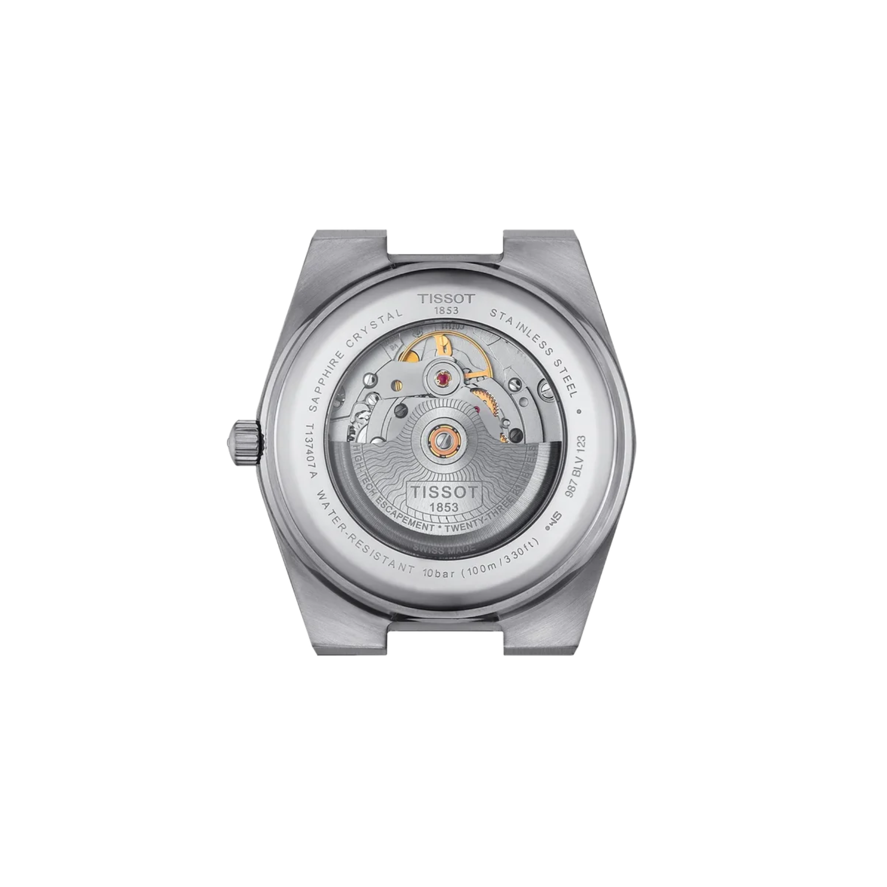 Tissot watch back view showing the exposed mechanical movement through a stainless steel case on a white background.