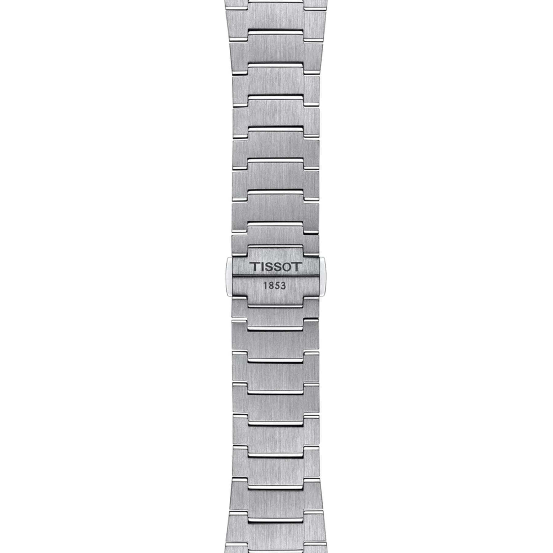 A close-up of a Tissot stainless steel watch band, showing the central clasp engraved with 'TISSOT 1853' on a solid white background.