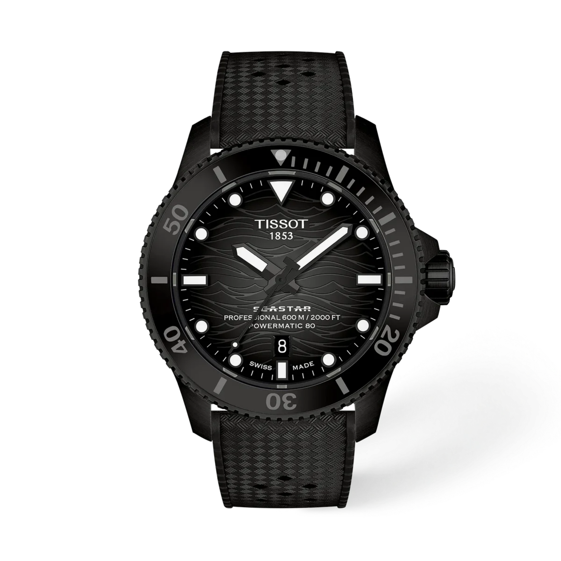 Tissot Star Deepsea watch in black, featuring a black textured silicone strap, a black dial with white markers, and a black rotating bezel, shown on a white background.