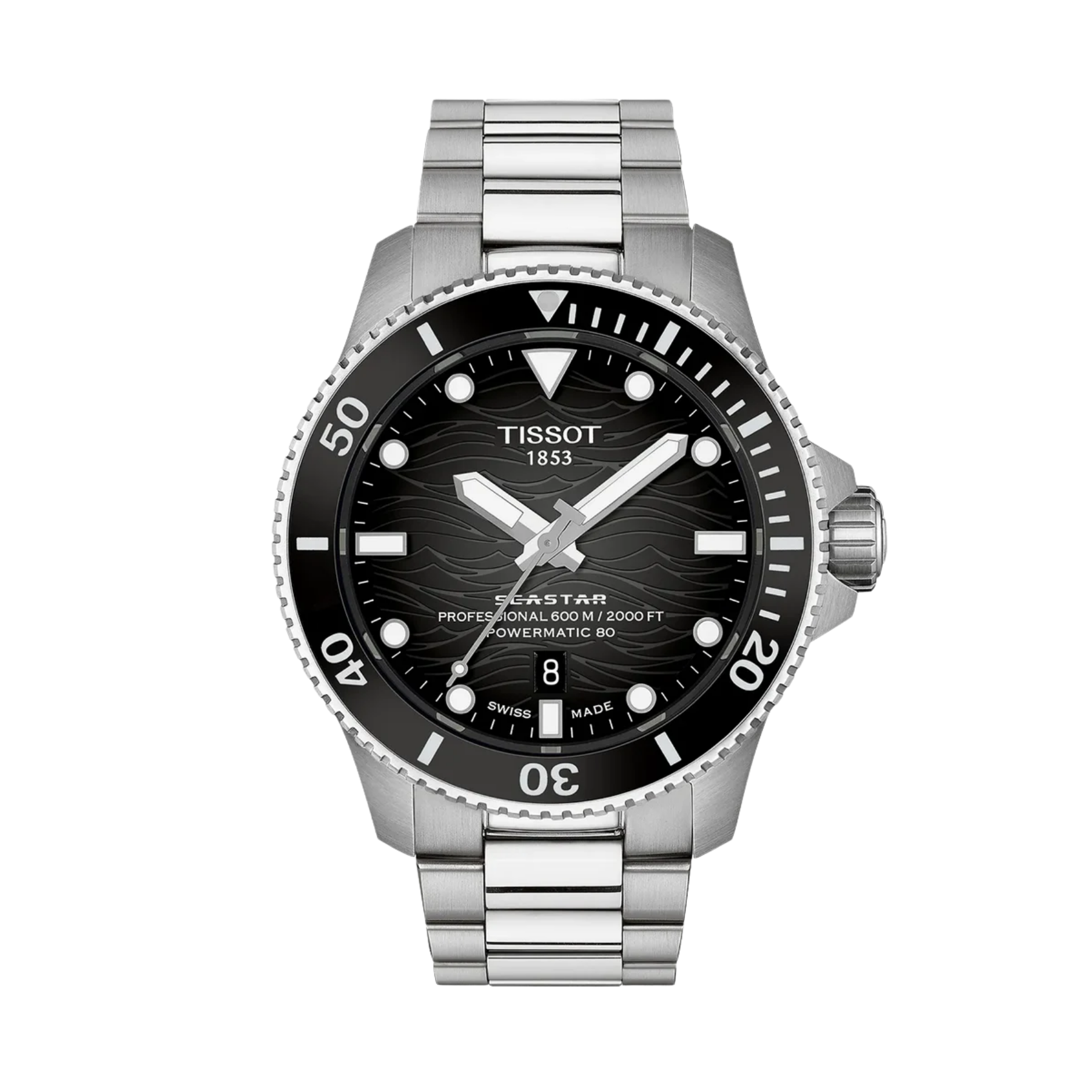 Tissot Seastar Professional 600m Coherent 90 watch with a stainless steel link bracelet, black dial, and rotating black bezel.