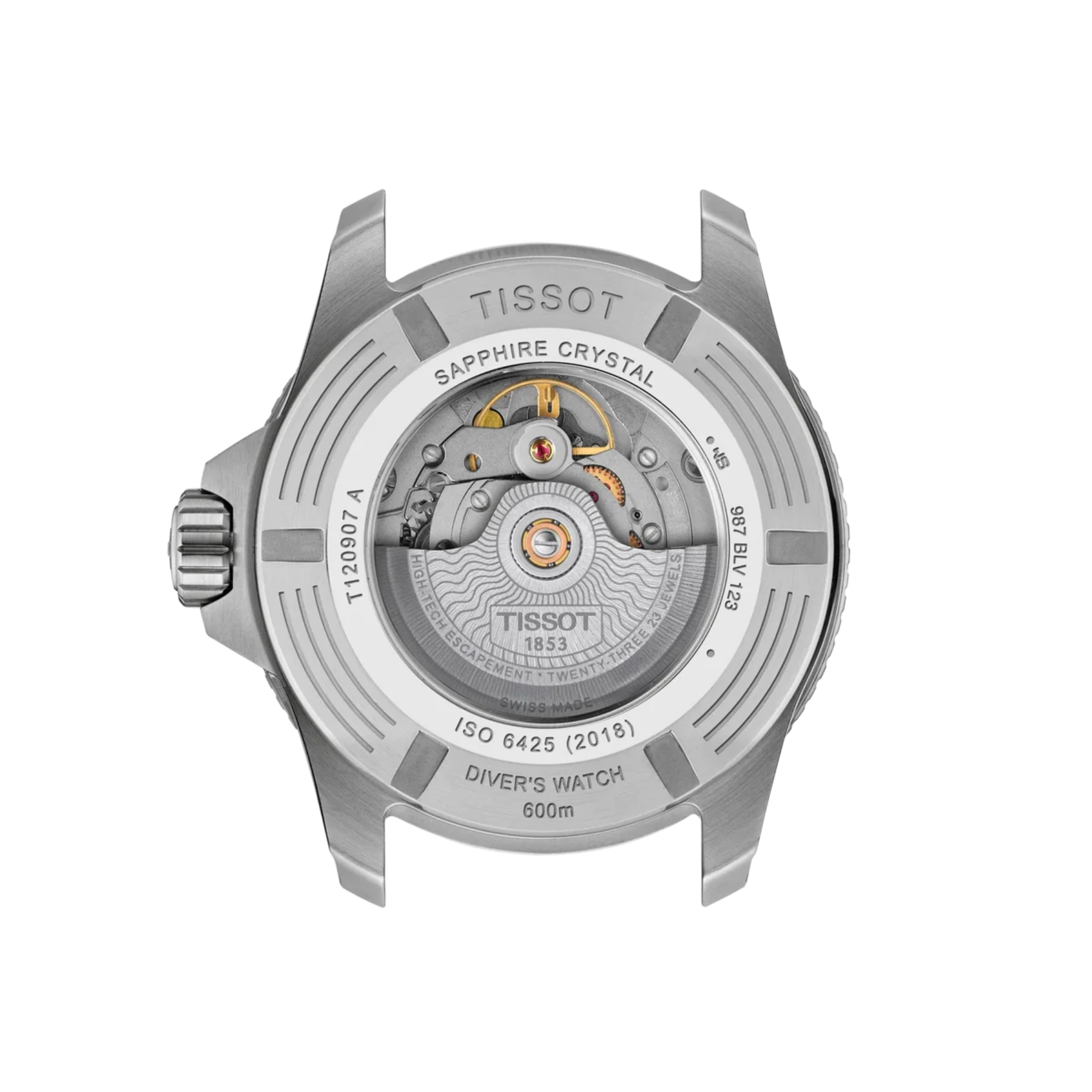Tissot watch back with visible mechanical components on a white background