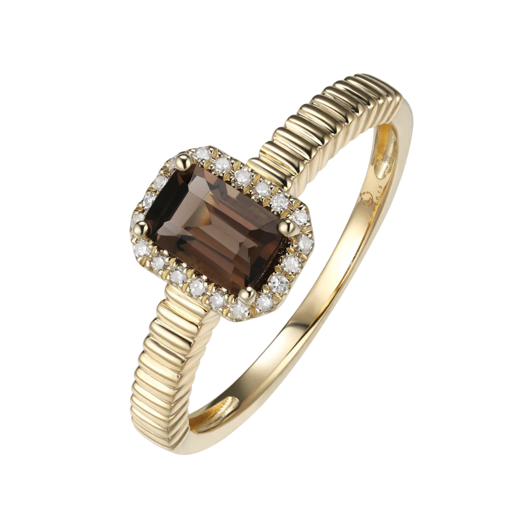 Gold ring with a brown gemstone and diamond accents on a white background